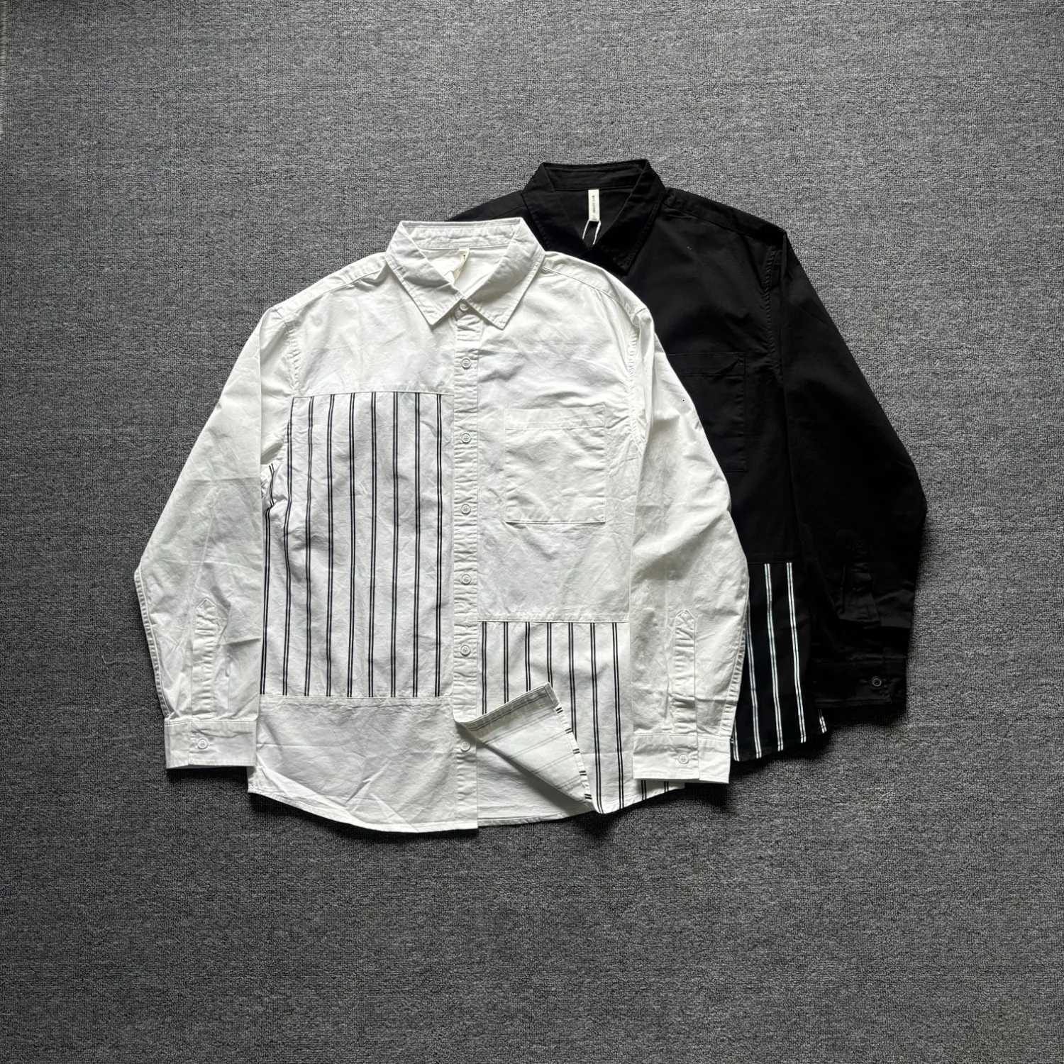 Men's Casual Shirts New spring and autumn men's patchwork loose long-sleeved shirt casual striped lapel shirt X260919