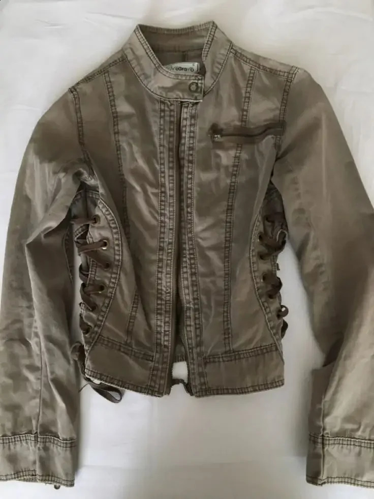 Streetwear Y2K Bomber Jacket Women Harajuku Stand Collar Zipper Gothic Army Green Motorcycle Slim Fit Denim Coat 260916