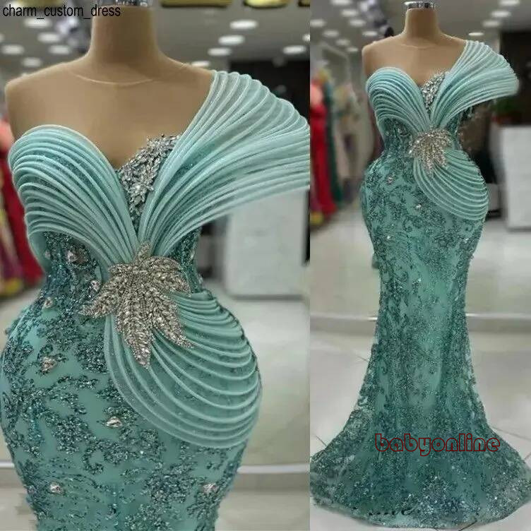 Aso Ebi Mint Green Mermaid Prom Dress Stylish Rhinestones Sheer Neck Sequined High Quality Evening Formal Party Second Reception Gowns Plus Size