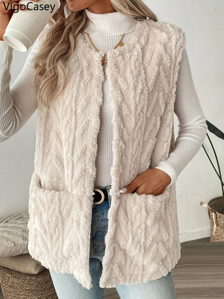 VigoCasey 2026 Autumn Winter Black Vest Coat Woman O Neck Pocket Plush Warm Waistcoat Lady Sleeveless Casual Jacket 260920