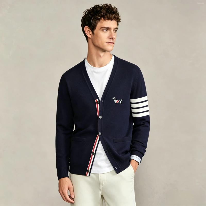 High End Brand Knitted Cardigan Men's Autumn Trend Striped Designer Puppy Embossed Korean Casual Side Split V-neck Sweater Coat