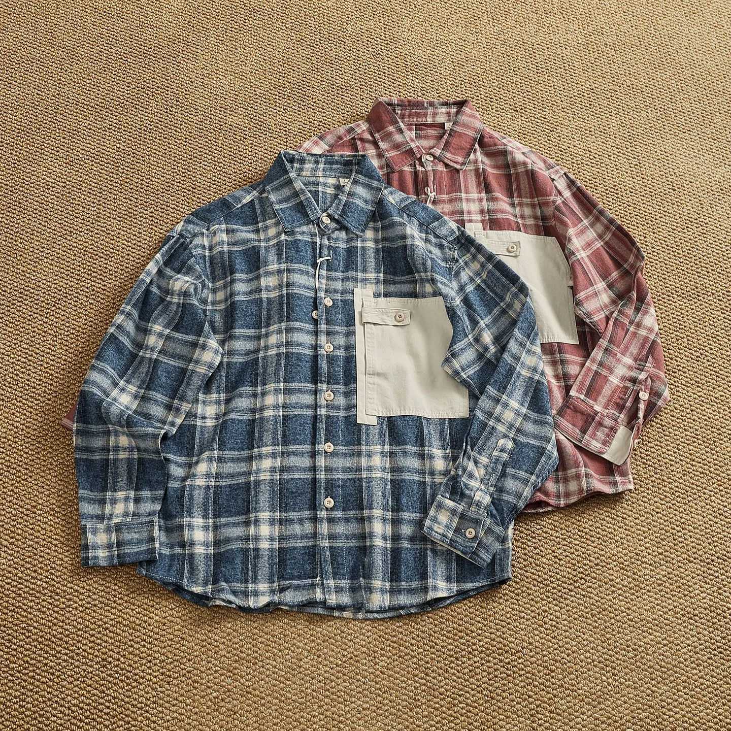 Men's Casual Shirts 100% cotton retro workwear color-blocked plaid long-sleeved shirt for men in spring and autumn washed brushed casual outer
