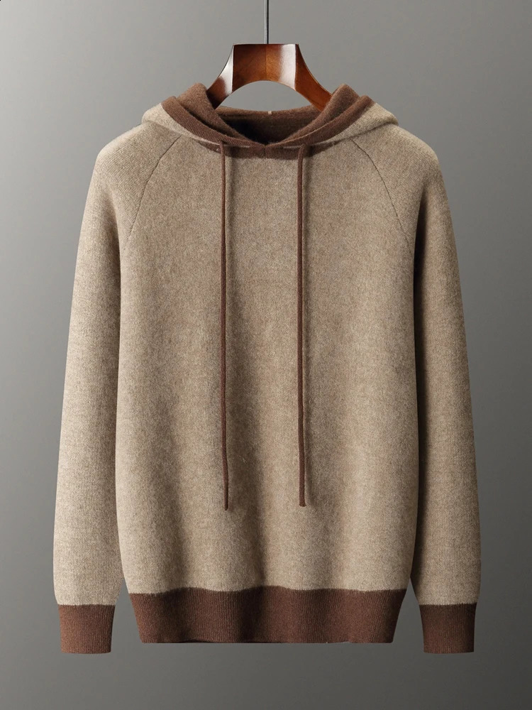 100% Cashmere Sweater Men Hooded Pullover Thicken Autumn Winter Color Blocking Air Layer Knitwear Casual Raglan Sleeve Clothing 260920