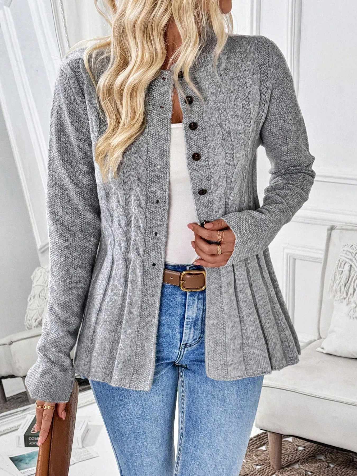 Womens Simple Solid Color LongSleeved Cardigan Knitted Sweater for Autumn and Winter 260920