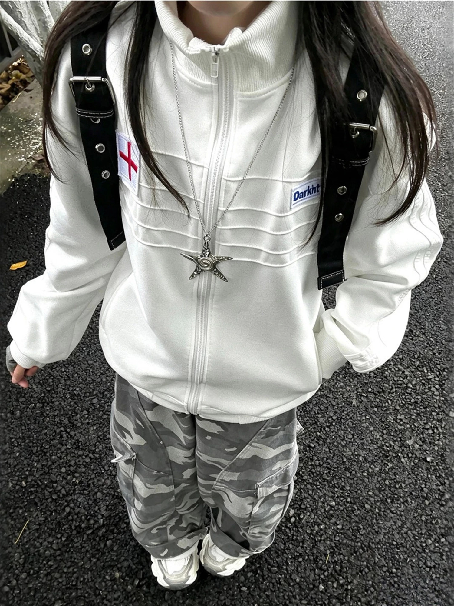 Y2K Aesthetic Stand Collar Zip Up Sweatshirt Women White Cross Patch Oversized Vintage Grunge Casual Streetwear Jacket 260920