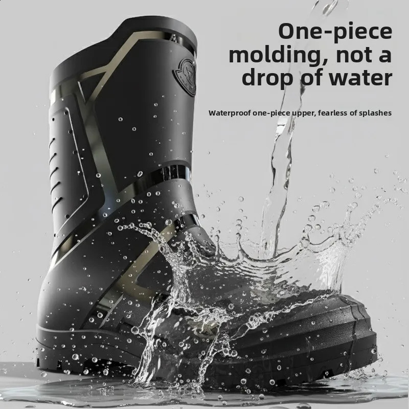 Botas de lluvia medianas y altas negras y rojas para hombres de moda y de moda Botas de agua antiincrustantes negras de tamaño extra grande para ext
