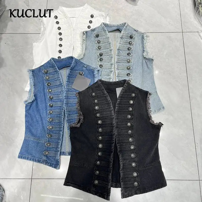 KUCLUT 2026 Summer Fashion Style Buttoned Denim Vest For Women Distressed Frayed Edge Sleeveless Coat Female Trend 1A2924 260920