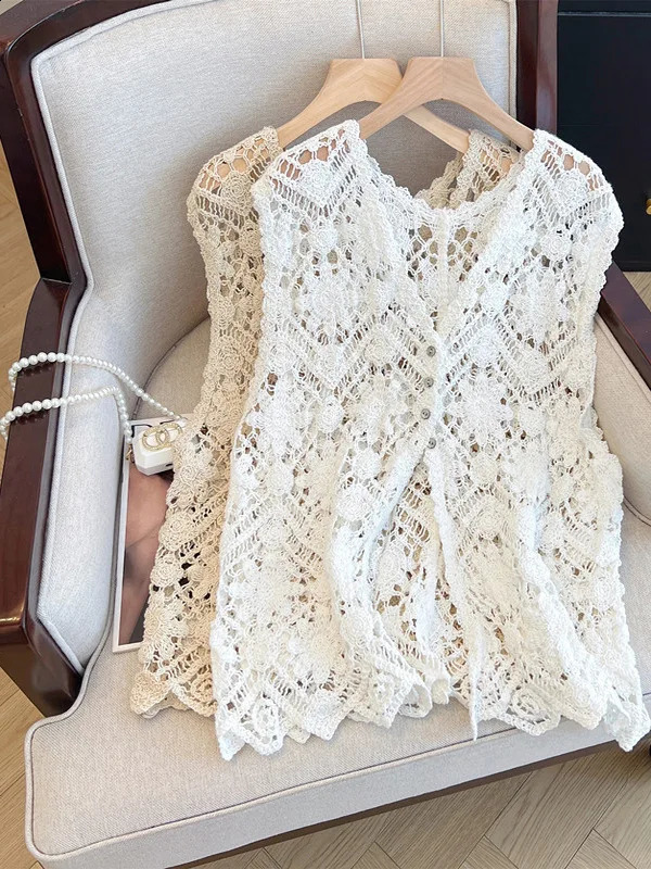 Women's Knitted Lace Vest Spring Summer 2025 Hollow out Crochet VNeck Layering Top Cotton 100 Commute Style Regular Fit 260828