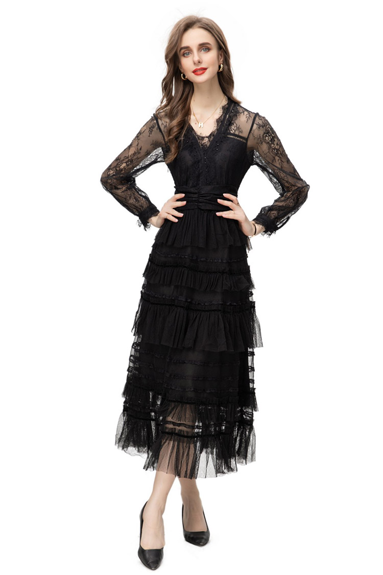 Fashion Elegant Women Runway Dresses V Neck Long Sleeve Party Holiday Midi Vestidos High Street Lace Mesh Patchwork Sliming Ruffles
