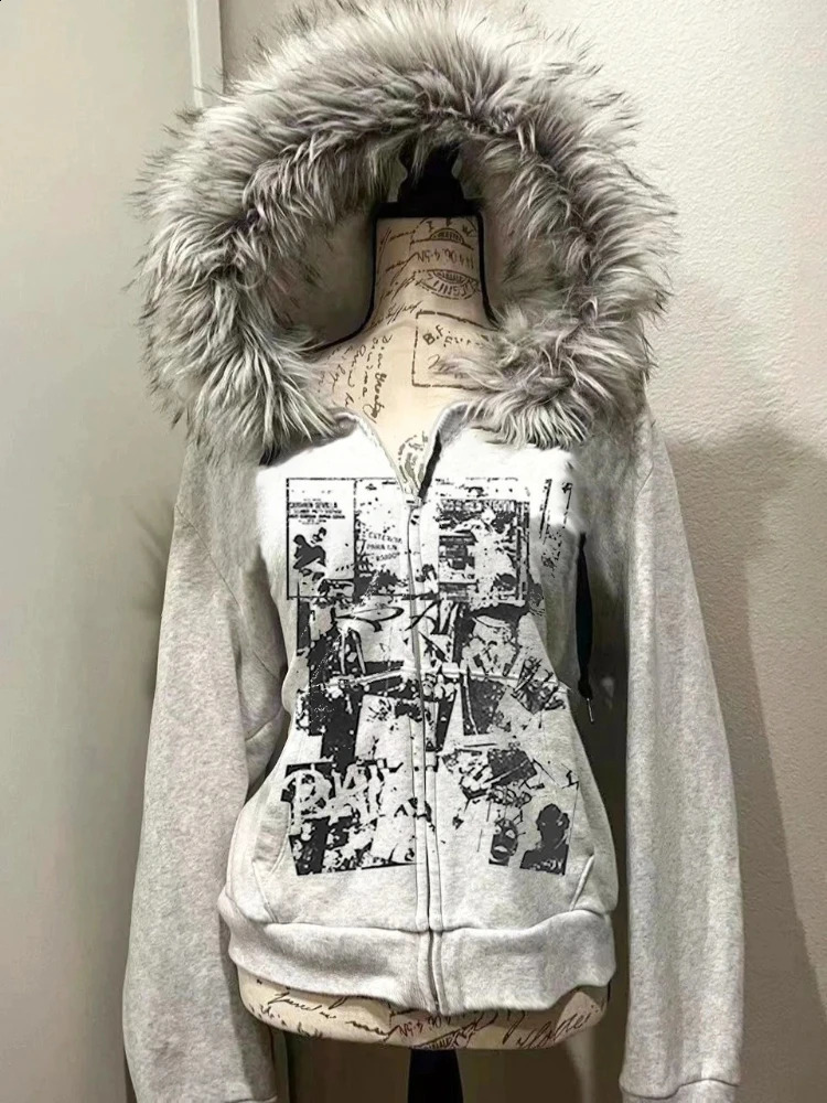 Faux Fur American Vintage Coats with Hooded Women's Y2K Sweatshirts Gothic Harajuku Subculture Punk Emo Sweatshirts and Jacket 260918