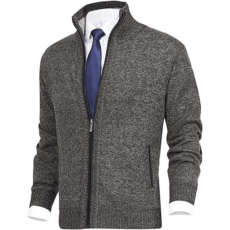 Winter Thick Men's Knitted Sweater Coat Off White Long Sleeve Cardigan Fleece Full Zip Male Causal Plus Size Clothing for Autumn 260918