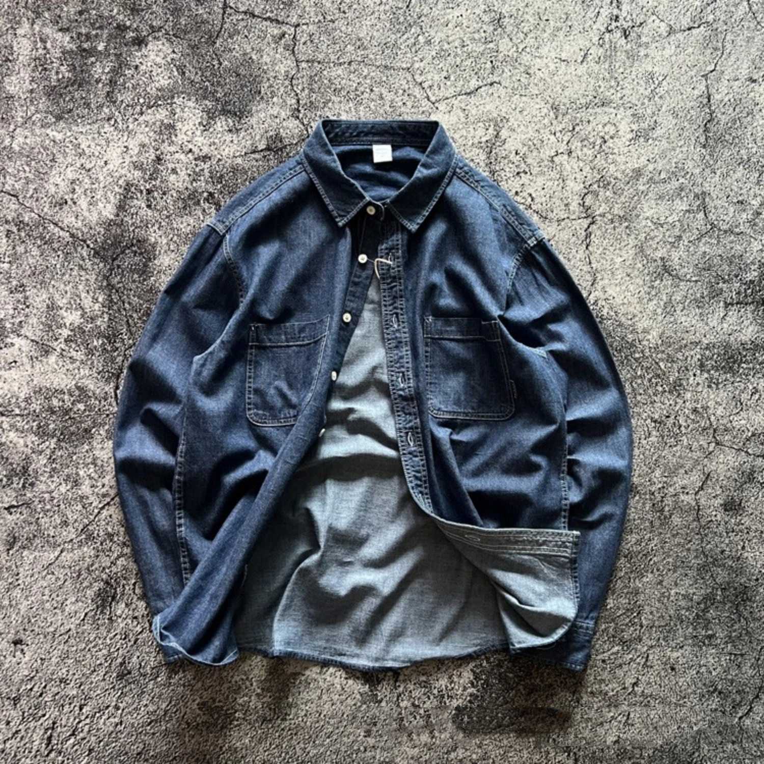 Men's Casual Shirts Spring new lapel double pocket casual denim shirt Japanese retro loose long-sleeved denim shirt trend X260919