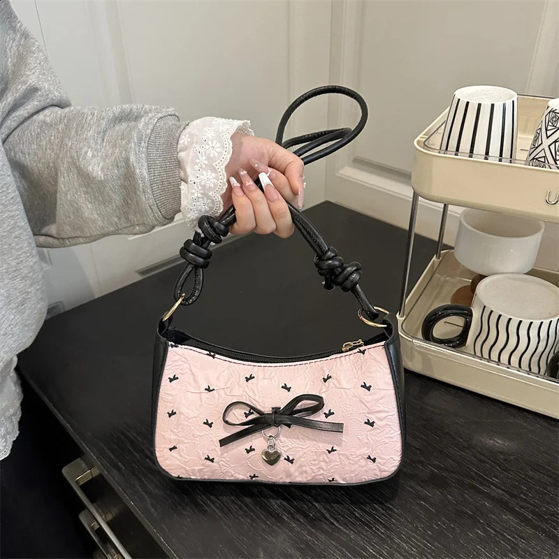 Y2k Pink Bow Armpit Bag for Women Fashionable and Versatile Texture Light Single Shoulder Small Square Bags 260920