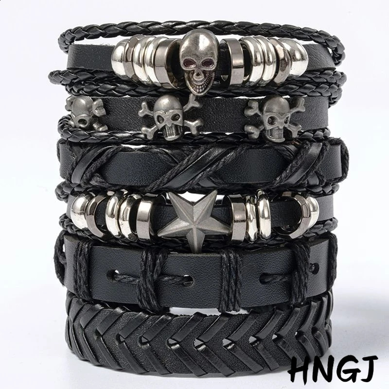 2026 Unisex 6Pcs Black Punk Skull Star Bracelet Alloy Pu Leather Gothic Jewelry for Men Women Gift 260920