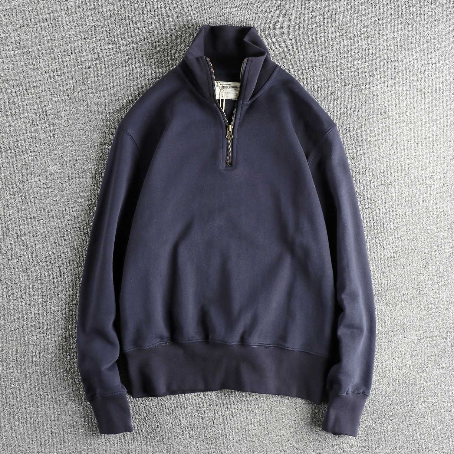 Men's Hoodies Sweatshirts May Khaki retro heavy half open stand collar men's hoodie washed thick wool circle cotton pullover long sleeve t