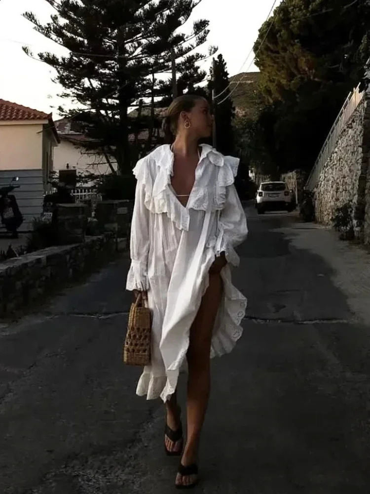 Gypsylady Elegante Chic Abito lungo in pizzo Bianco Cotone Autunno Primavera Manica lunga Abiti da donna Allentato Scava Fuori Abiti da festa 260920