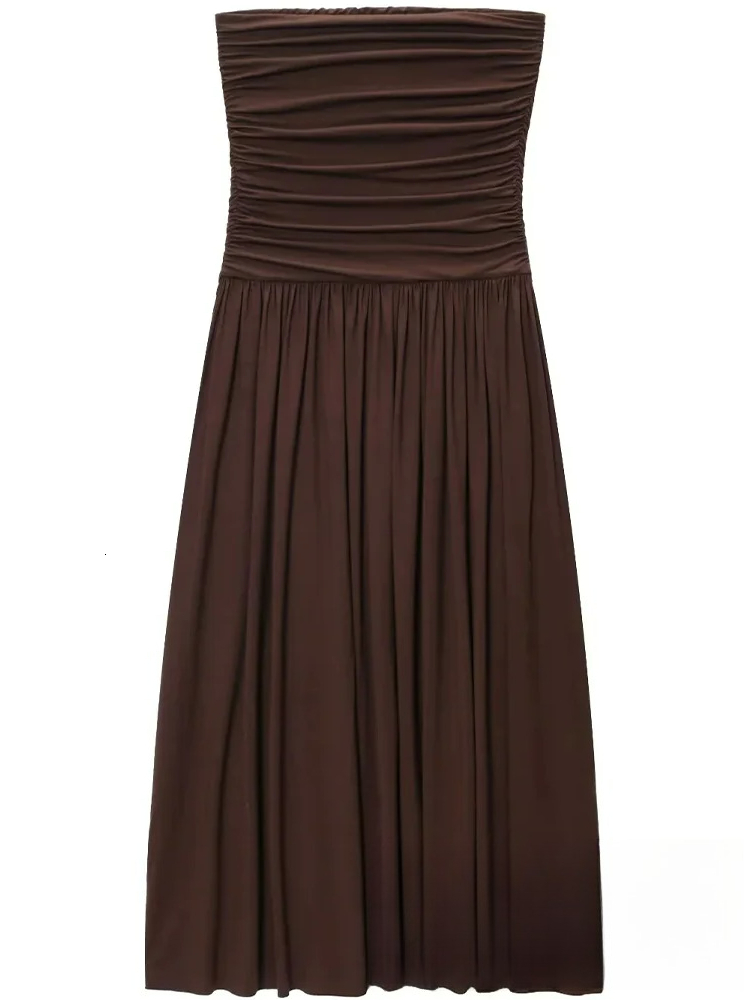 KONDALA Sexy Chic Party Women Solid Strapless Sleeveless Flods Long Vestidos New Fashion 2025 Summer Autumn Sheath Dress