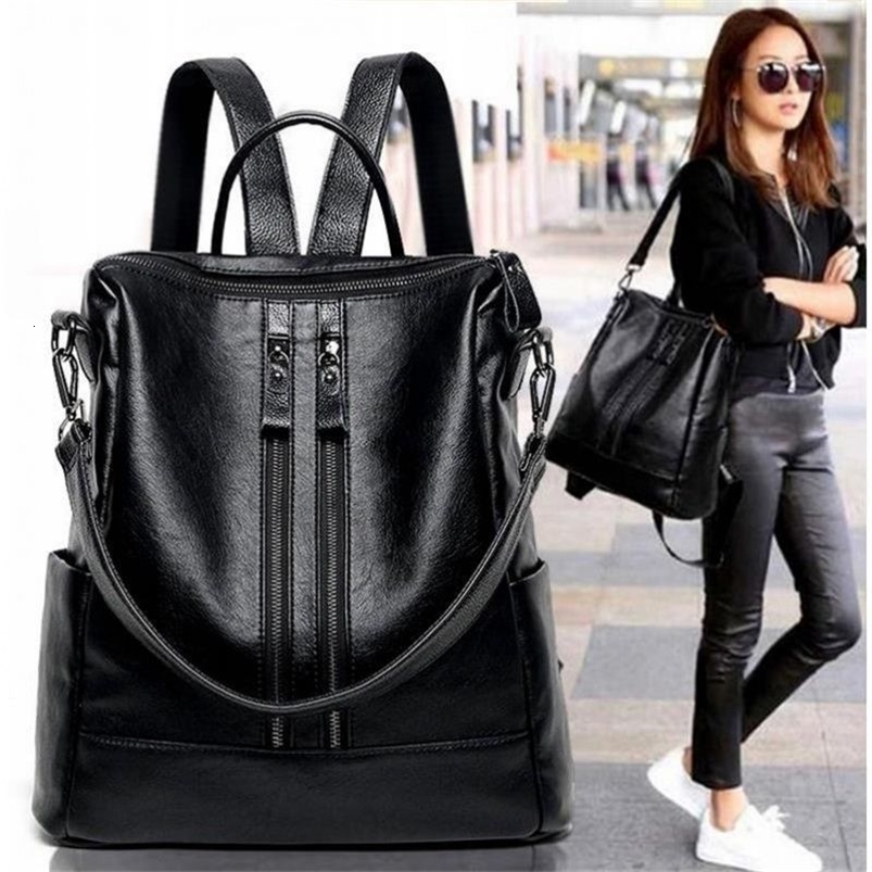 Women Soft Leather Backpack School Black Casual Multifunctional College Bag Large Capacity Shoulder Bags Travel Tote Backpack 260920