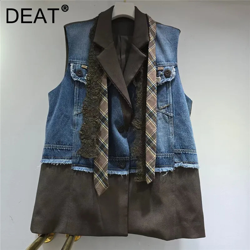 DEAT 2026 Autumn Fashion Style Loose Casual Versatile Denim Spliced Vest For Women Lapel Waistcoat Female 11A07200 260920