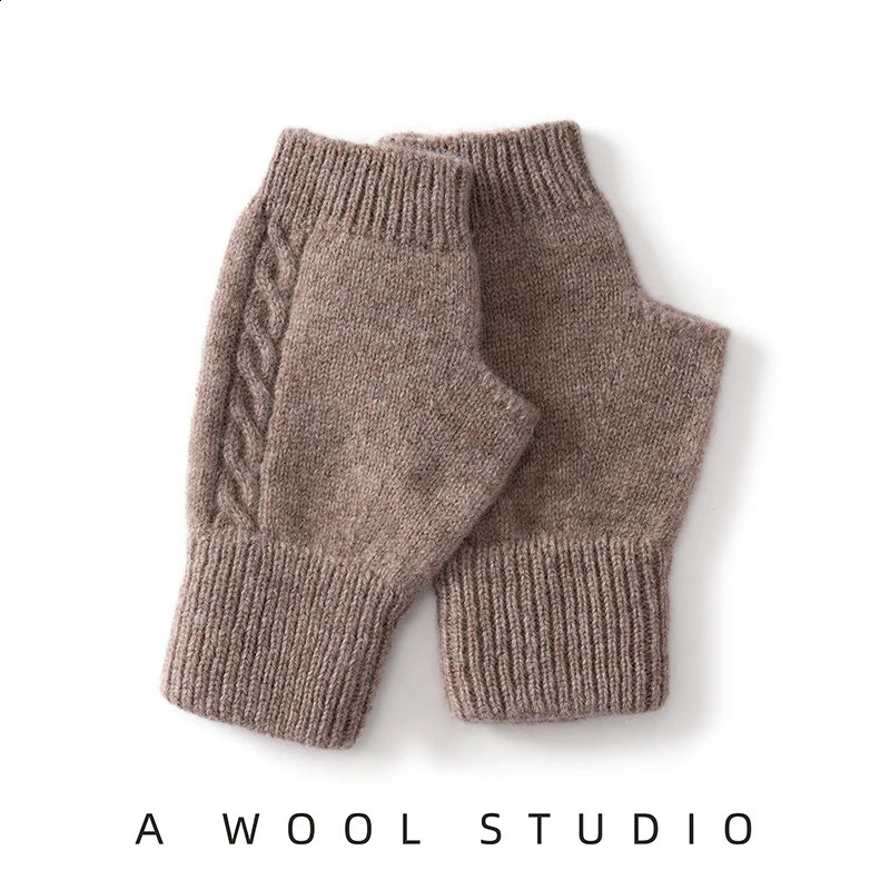2026 Winter Women 100% Merino Wool Mitts 17cm Knitted Fingerless Gloves Thermal Semi Finger Lengthen Mittens Arm Warmers 260920