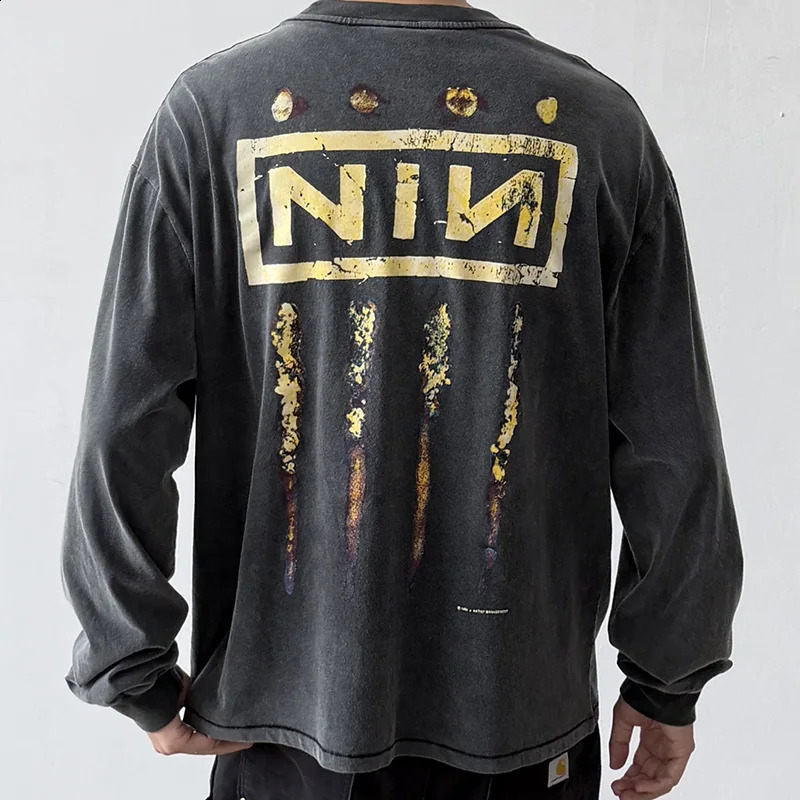 Men Women Streetwear Classic Graphics Print NIN Saint Long Sleeve T Shirt Top 100% Cotton Vintage Washed Black Oversized TShirt 260920
