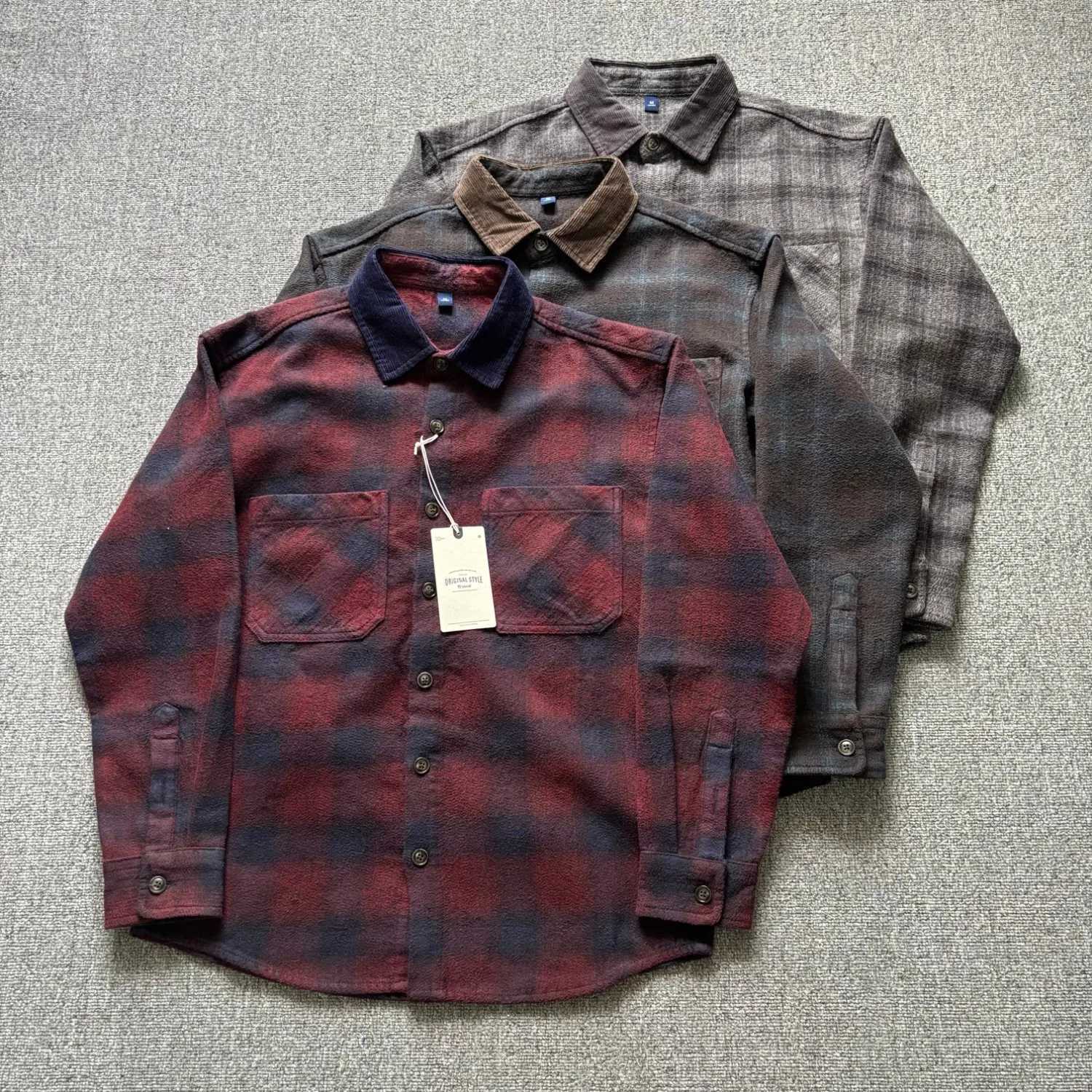 Men's Casual Shirts 100% cotton heavyweight thick brushed plaid shirt jacket men's American loose and versatile casual long-sleeved shirt