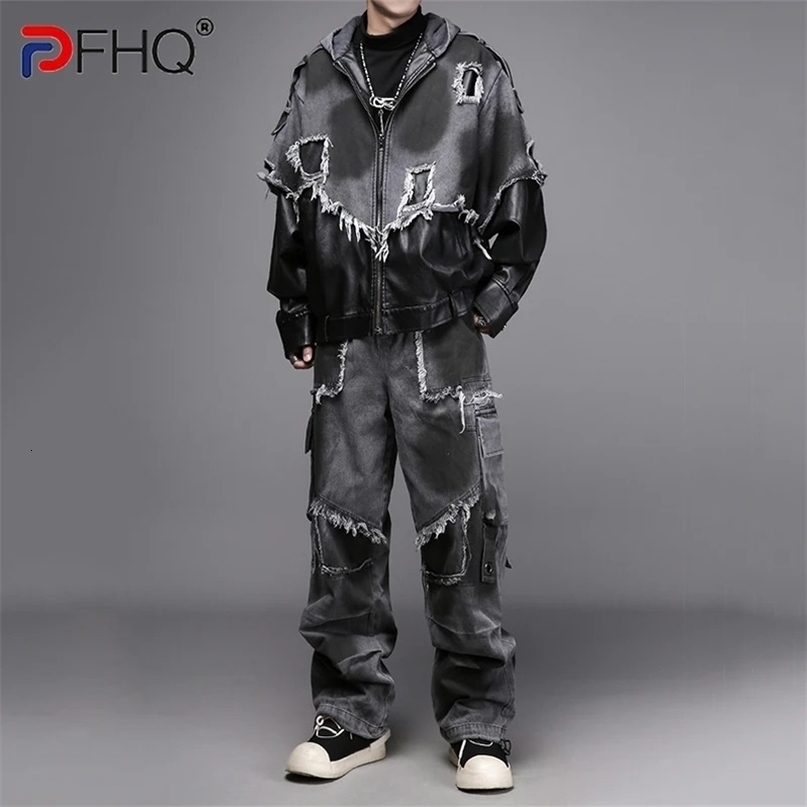 PFHQ Dark Style Mens Sets Vintage Washed Denim Hooded Jacket Color Block Patchwork Trendy Loose Casual Trousers 21P1781 260918