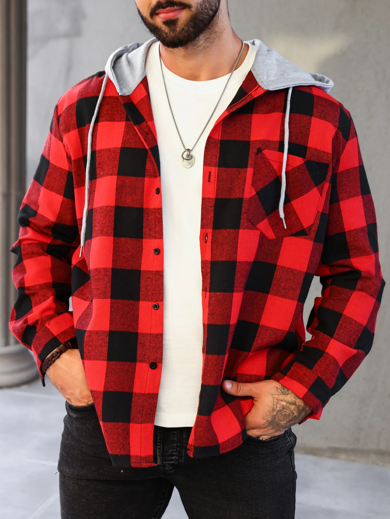 Mens Colorful Plaid Hooded Cardigan Color Block Sweatshirt with Pockets Top Jacket 260920