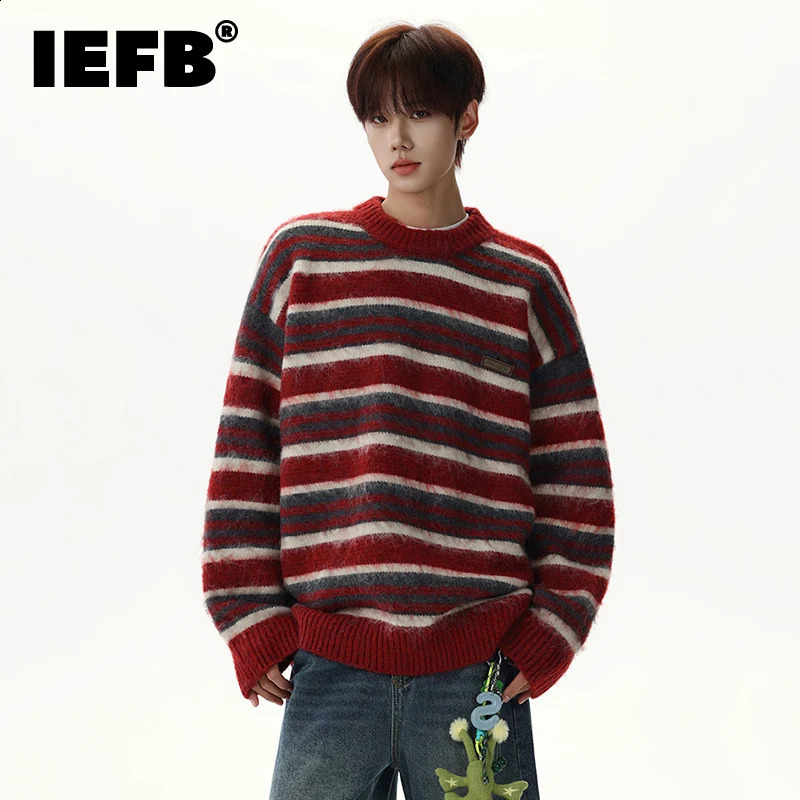 IEFB Trendy Mens Pullovers Round Collar Striped Patchwork Contrast Color Loose Knitted Male Sweaters Korean Style 9X1611 260920
