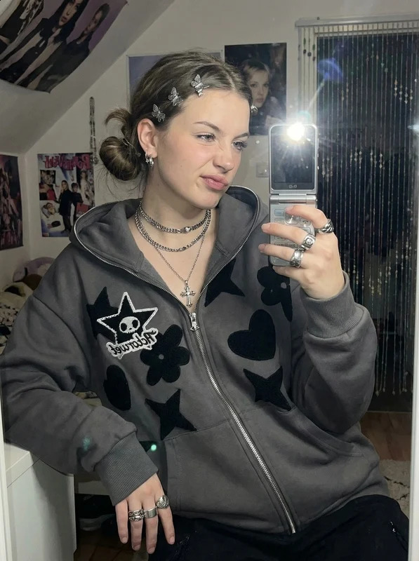 Women Retro Embroidery Hoodies Autumn Winter Zip Up Long Sleeve Loose Jacket Coats Y2k Harajuku Casual P 260920