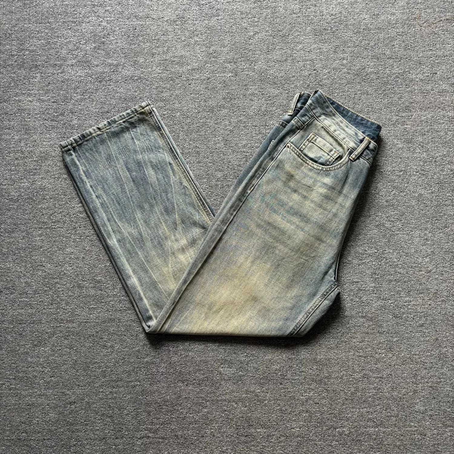 Men's Jeans Men's patterned light blue washed straight jeans retro loose and slim denim trousers X260919