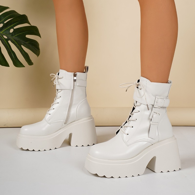 Botines con cremallera lateral y puntera redonda con cordones y plataforma delantera, zapatos de tacón alto antideslizantes para mujer