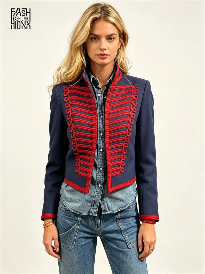 Napoleon Jacket Women Women's Coat Braid Trim Stand Collar Tops Cropped Statement Outerwear Spring Fashion Clothes Outerwear 260918