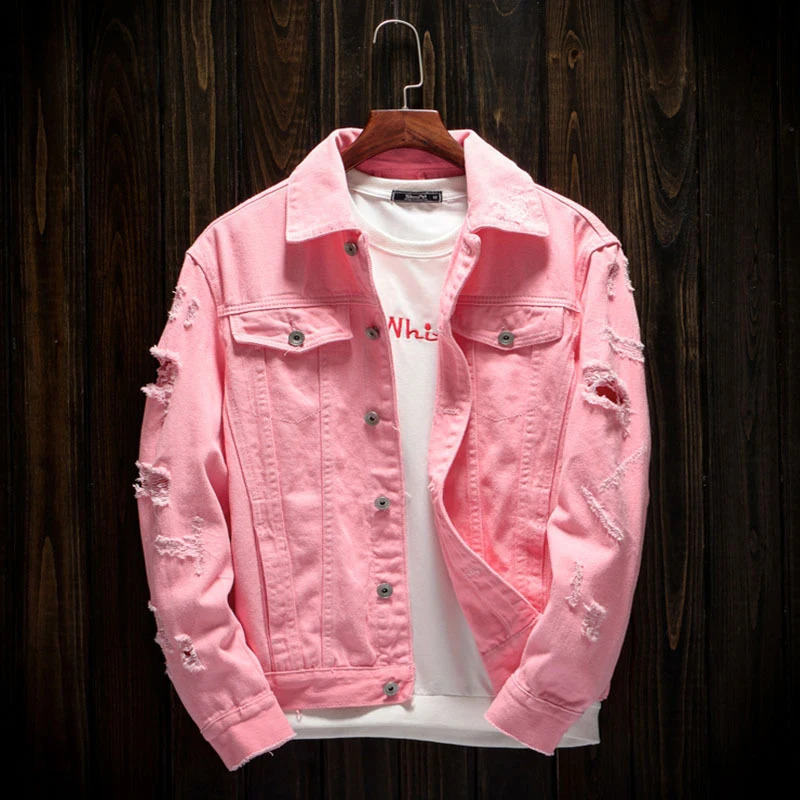 Spring Autumn Men's Denim Jackets Men Cotton Retro Ripped Hole Jean Coats Couple's Streetwear Hip Hop Pink Denim Jacket Clothing 260920