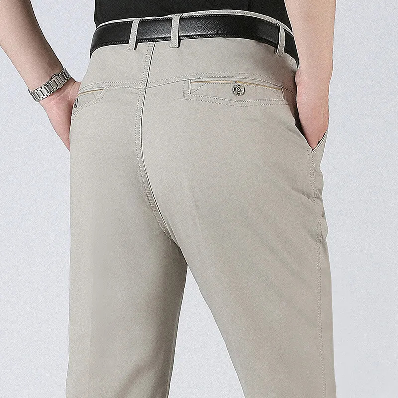 Spring Summer Mens Suit Pants Pure Cotton Business Casual Loose Straight Trousers Khaki Beige Black Formal Dress Pants 260920