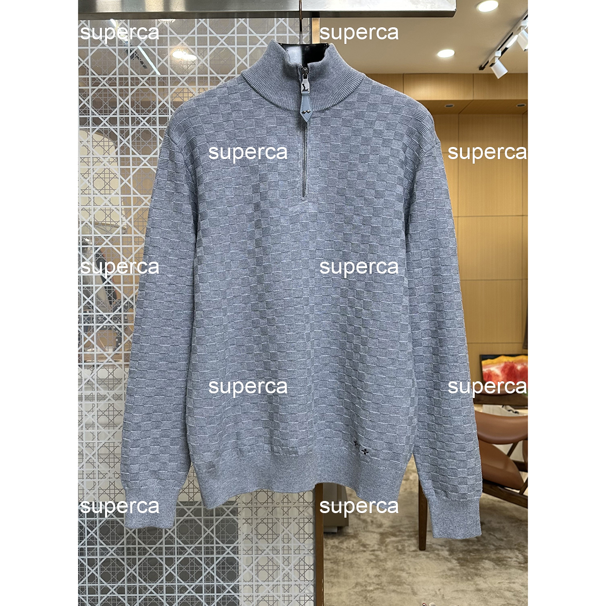 Luxury Designer Half Zip Knit Sweater for Men, Jacquard Check Pattern Mock Neck Pullover, Soft Wool Blend Casual Warm Jumper 43e5y1