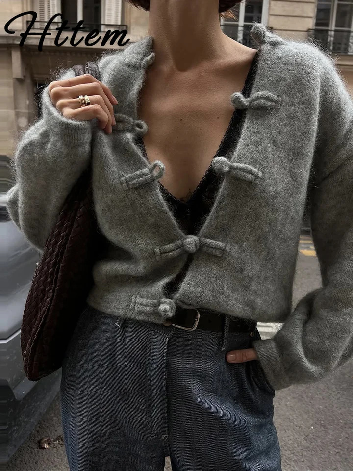 Elegant Knit Grey Women Cardigan Fashion Long Sleeve Button Oneck Female Knitwear 2026 Autumn Winter Lady Sweater 260918