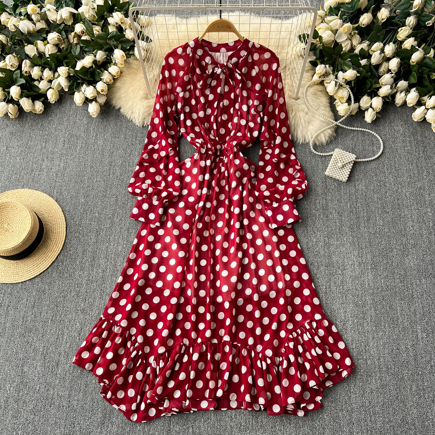 Retro Elegant Pleated Puff Sleeves dot sweet Dress Beach Vacation Casual Women ALINE chiffon Fashion Summer basics Dresses 260920