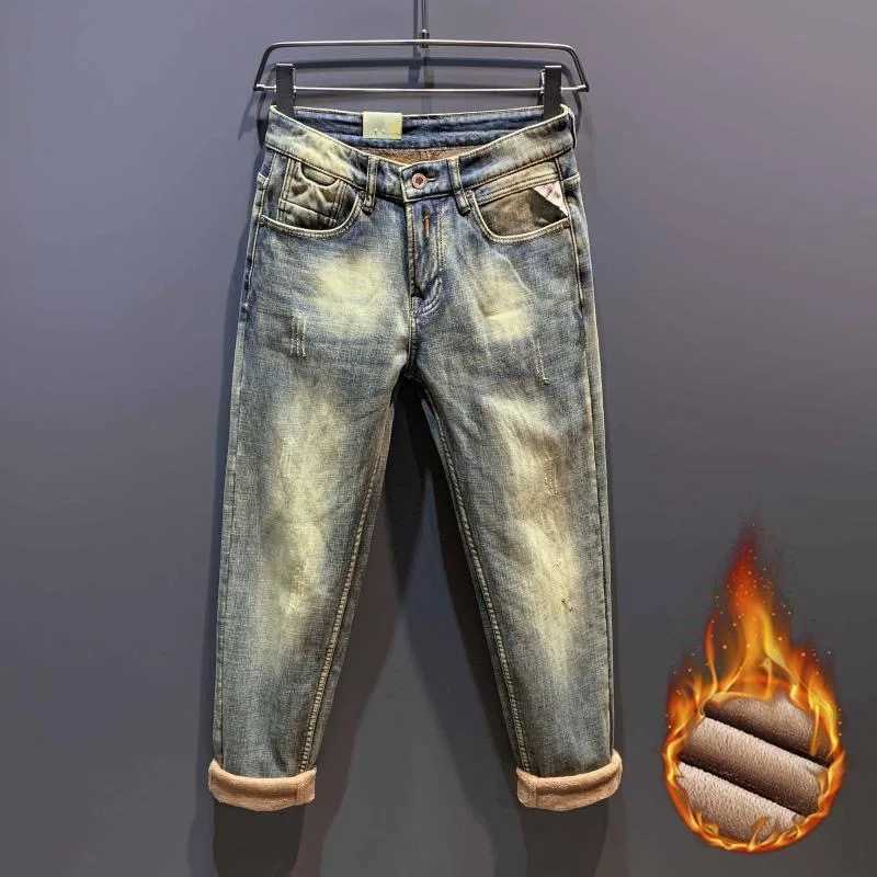 Men's Jeans 2024 Autumn and Winter New Fashion Solid Color Plus Fleece Thick Warm Jeans Men's Casual Loose Straight Leg Stretch Pants 28-3