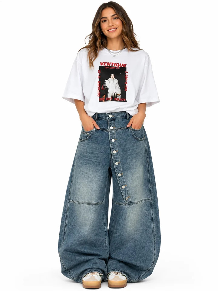 Women's Asymmetric Button Front Baggy Jeans High Waist Vintage Washed Wide Leg Denim Pants Y2K Streetwear Loose Barrel for Daily Wear 260915