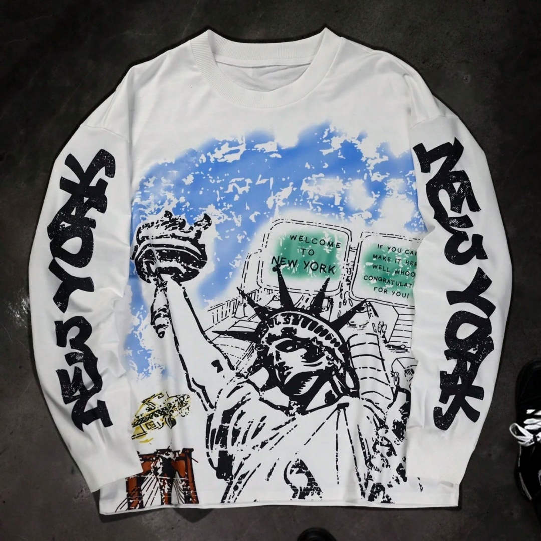 Men's Summer T-Shirt Vintage Graffiti Print Crew Neck Long Sleeve Loose Streetwear Tee Retro Art Casual Hip Hop Fashion Top