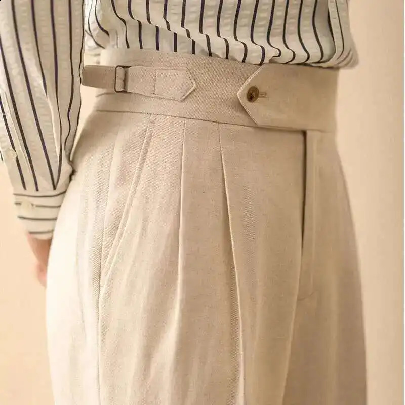 Linen Straight Pant For Men Summer Business Gentleman Naples Pant Paris Buckle Drape High Waisted Trousers Men Formal Pant 260920