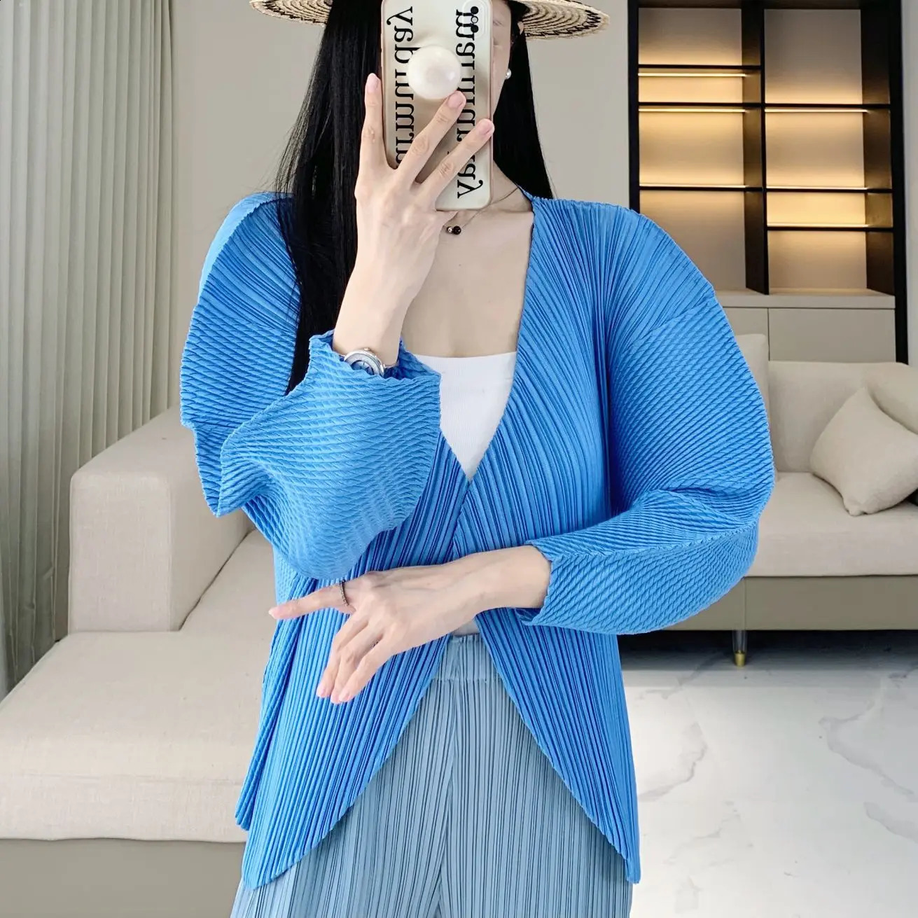 Miyake Women Pleated V Neck Shirt Loose Batwing Long Sleeve Button Down Blouse Casual Solid Color Pleated Cardigan Top 260920