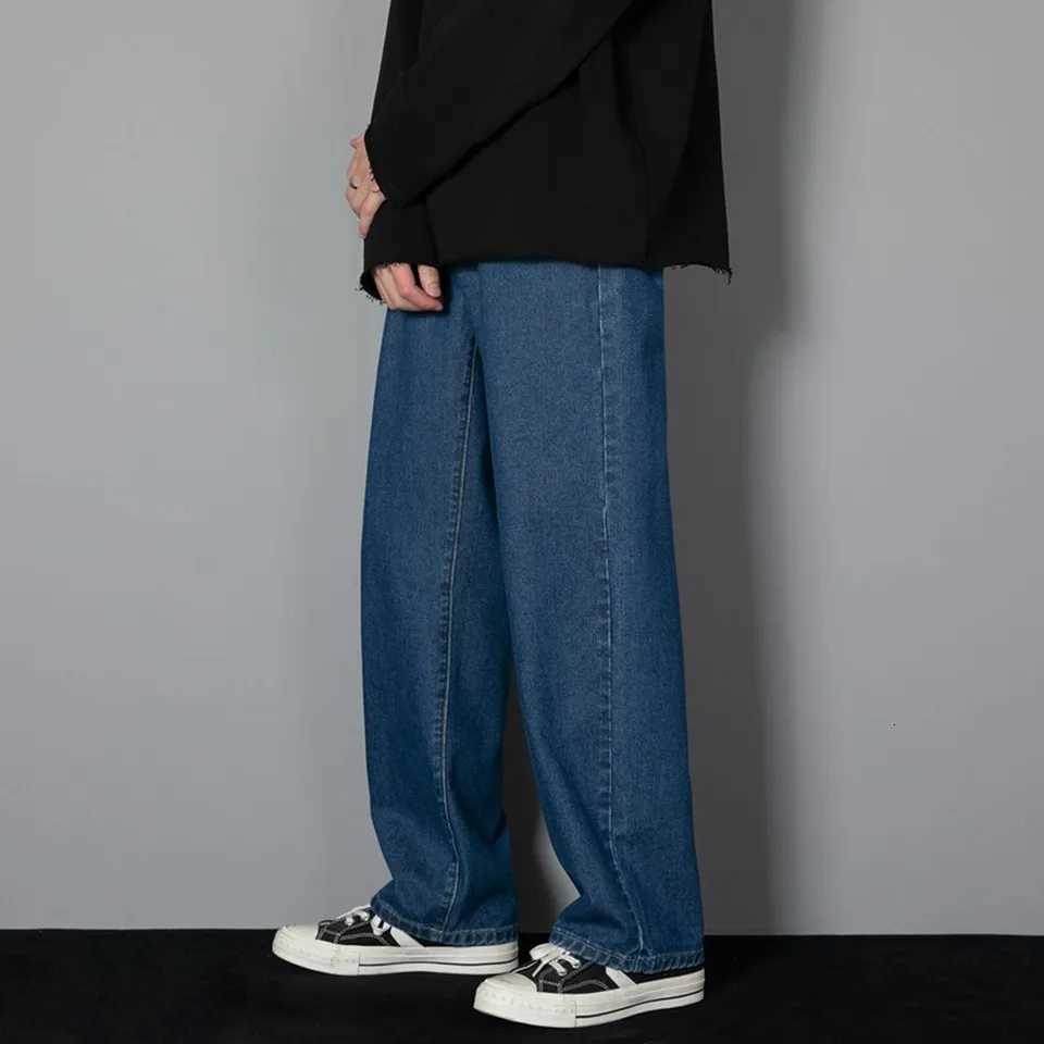 Men's Jeans Korean Solid Colors Men's Casual Long Jeans Classic Man Four Seasons Straight Denim Wide-leg Pants Light Blue Grey Black 3XL X