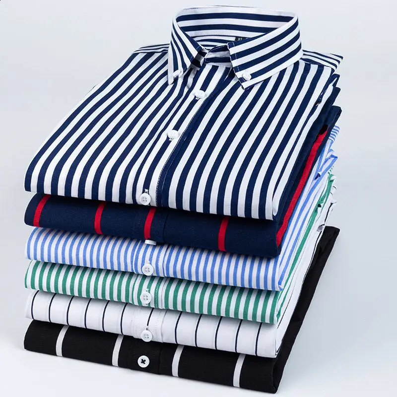 Mens Dress Shirts Striped Long Sleeve Plaid Checked Shirt Smart Casual Business NonIroning Korean Slim Fit Formal Blue White 260920