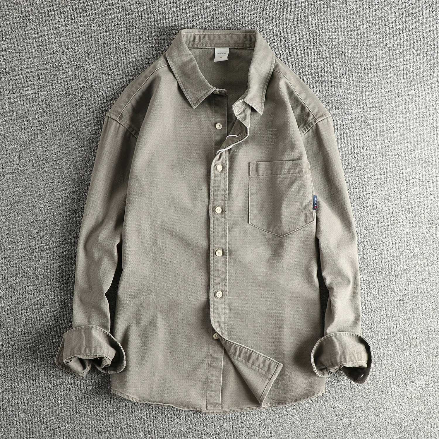 Men's Casual Shirts 100% cotton heavy wash antique vintage long-sleeved shirt men's simple pocket loose shirt jacket X260919