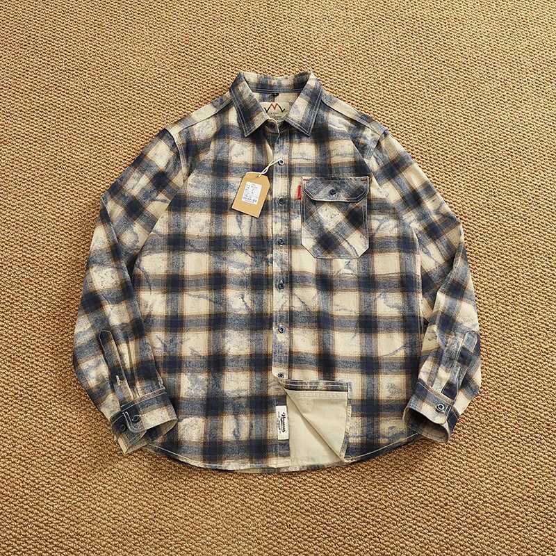 Men's Casual Shirts Vintage contrast color tooling long-sleeved plaid shirt men's spring new couple neutral casual shirt coat men's w