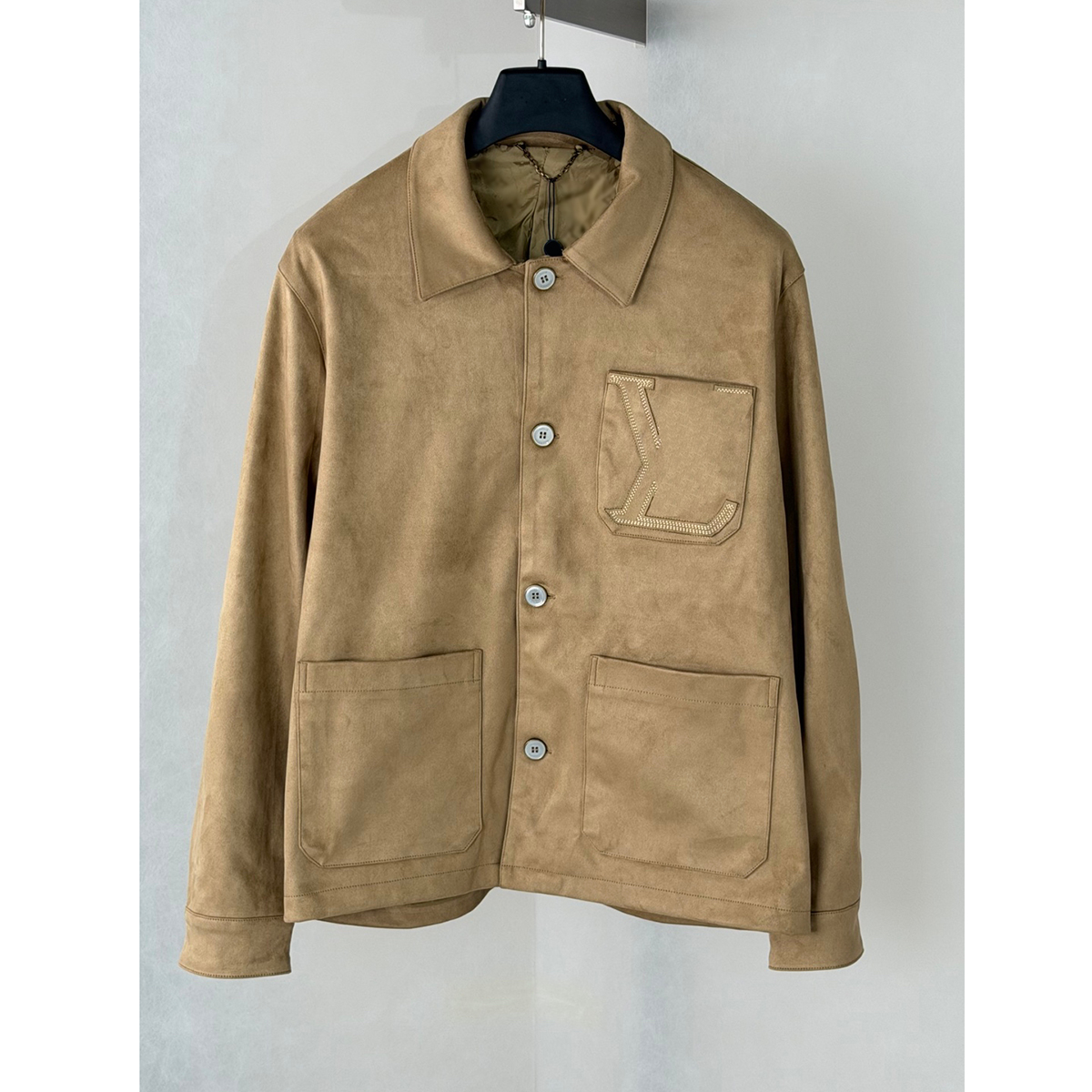Luxury Designer Men Faux Suede Work Jacket Lapel Collar Button Down Casual Outerwear Solid Khaki Coat