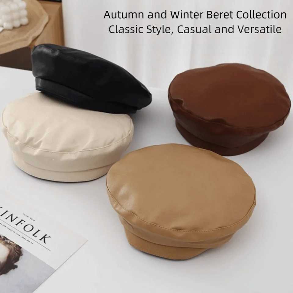 Pearl Berets Leather Temperament PU Bow Beret Korean Style Solid Color Octagonal Hat Retro Design British Style Artist Hat Outdoor Wear N260919