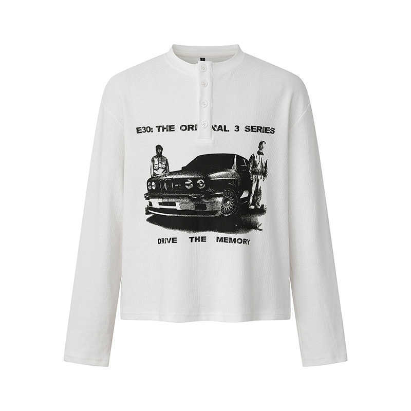 designer long sleeve t shirt luxury mens womens car graphic waffle knit henley shirt vintage streetwear casual top unisex